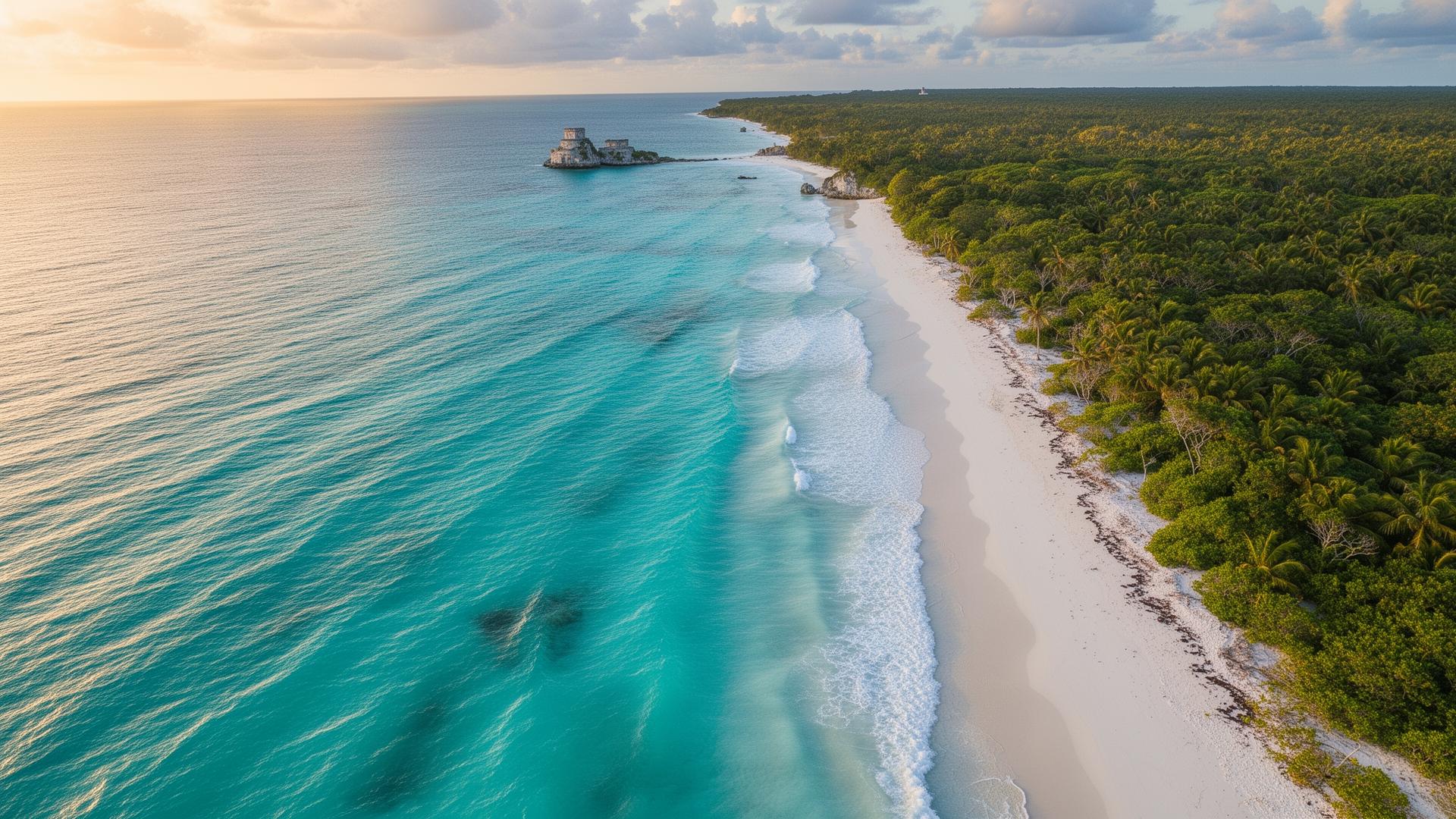 Aerial view of Tulum's turquoise coastline